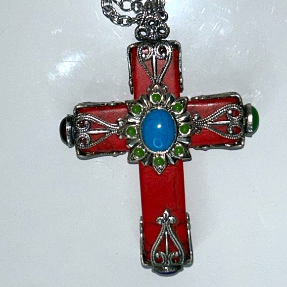 Sweet Romance Designer Gemstone Cross Double Chain Stainless Steel Necklace Boho - Picture 2 of 10